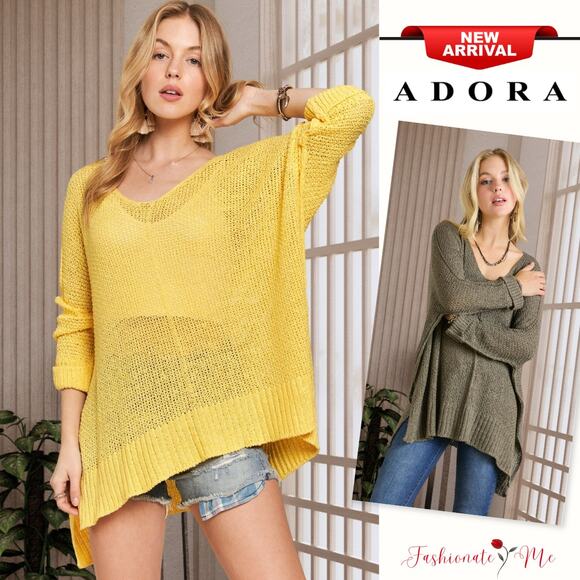 ADORA V-Neck Exposed Seam Long Sleeves High-Low Hem Pullover Sweater | Yellow - Picture 1 of 3